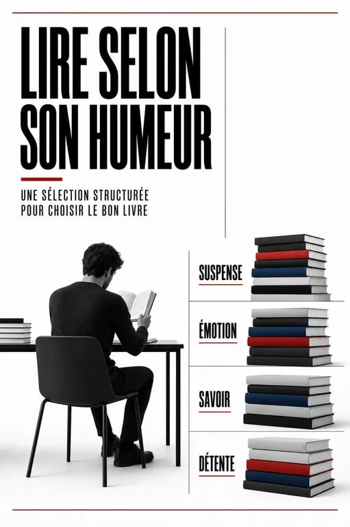 Conseil lecture illustré par un lecteur choisissant un livre selon son humeur et son niveau de lecture.