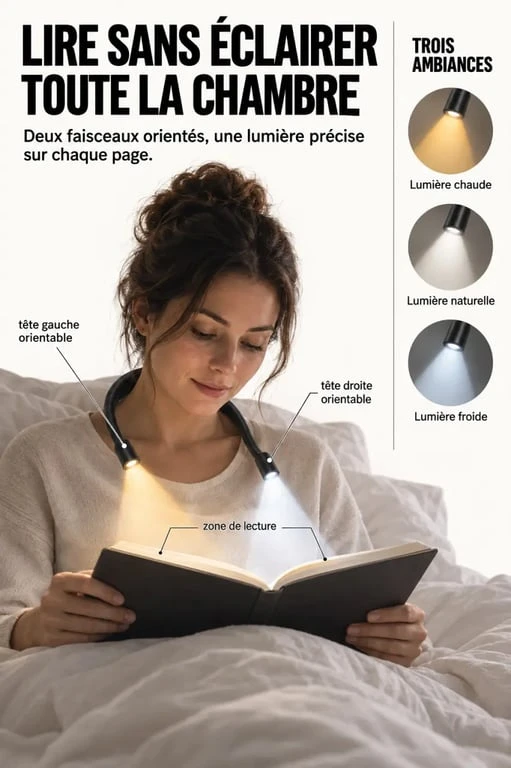 Lampe de lecture tour de cou avec faisceaux orientables et réglages de lumière