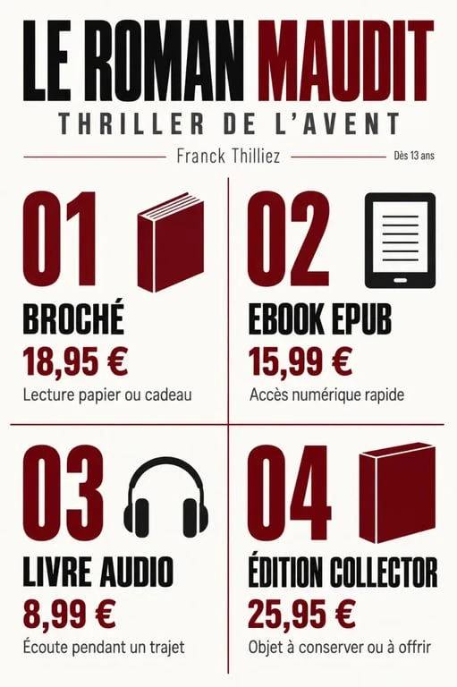 Infographie des formats et prix du roman maudit thriller de l’avent de Franck Thilliez