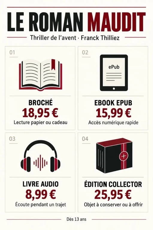 Infographie des formats et prix du roman maudit thriller de l’avent de Franck Thilliez