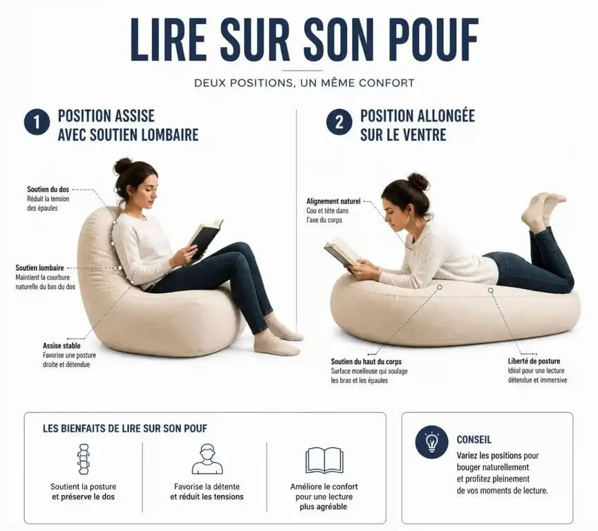 Comparaison des postures de lecture sur un pouf de lecture