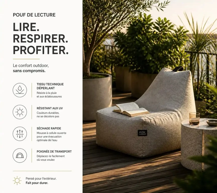 Pouf de lecture extérieur en tissu technique sur une terrasse
