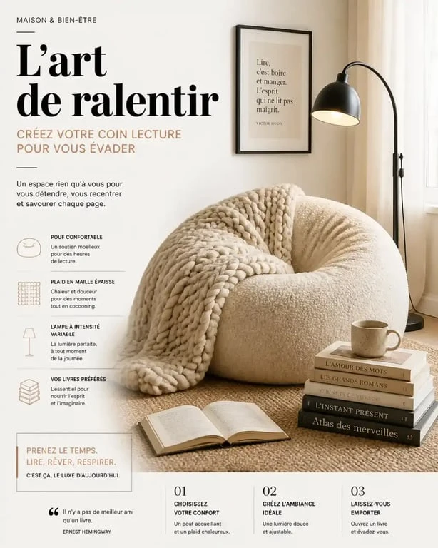 Coin lecture cosy avec un pouf de lecture confortable pour une ambiance relaxante