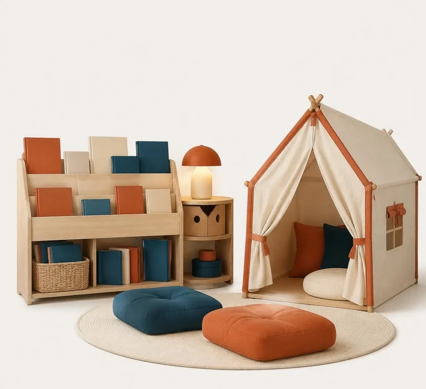 Coin lecture enfant avec bibliothèque basse, coussins et cabane dans une chambre