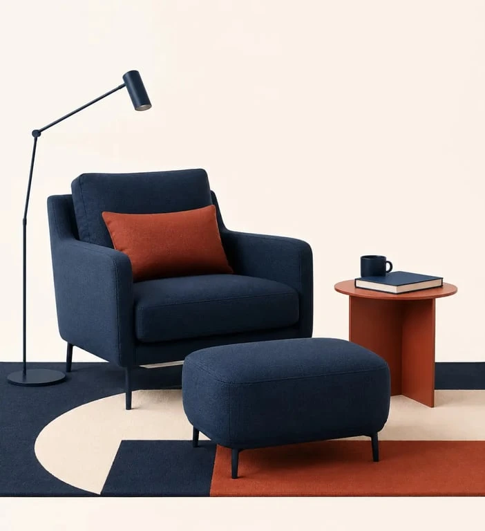 Coin lecture confortable dans un petit salon avec fauteuil, pouf et lampe orientable