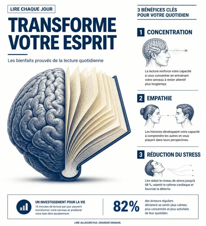 Infographie sur les bienfaits de la lecture quotidienne pour la santé mentale et la concentration