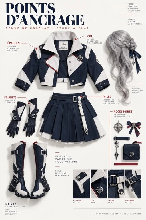 Cosplay manga complet avec accessoires et perruque disposés à plat avant un salon