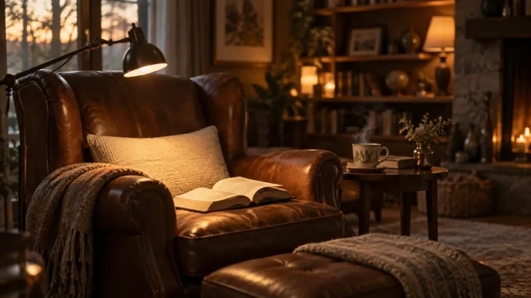 Fauteuil de lecture en cuir brun avec maintien et coussin lombaire