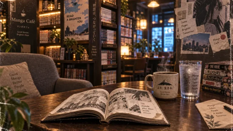 manga cafe à Paris : manga ouvert sur une table, boisson chaude