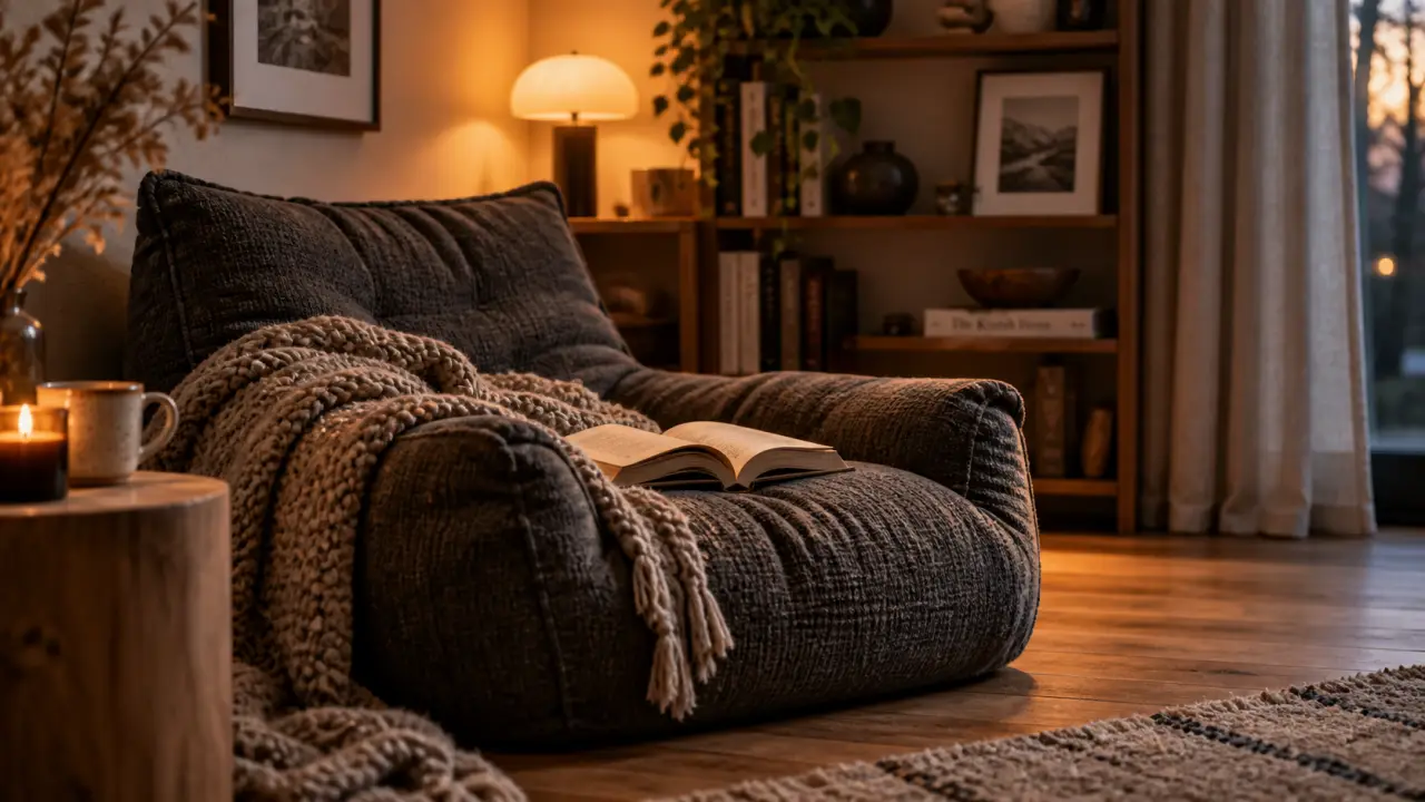 Pouf de lecture en tissu gris anthracite pour moments de détente