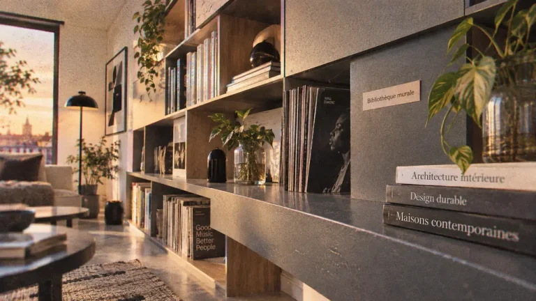 Bibliothèque murale design dans un salon lumineux