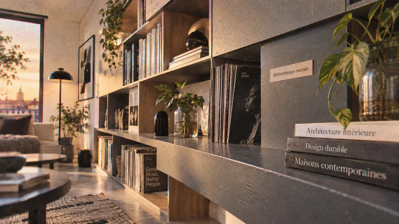 Bibliothèque murale design dans un salon lumineux