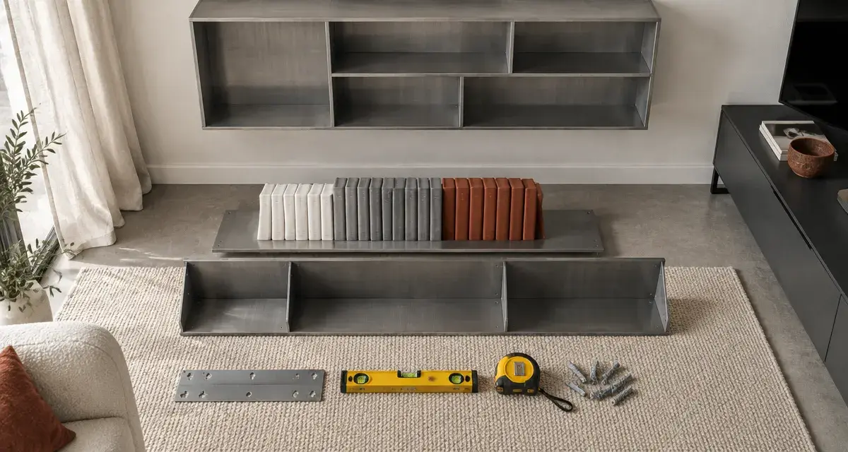 Bibliothèque murale suspendue pour salon : fixations et formats