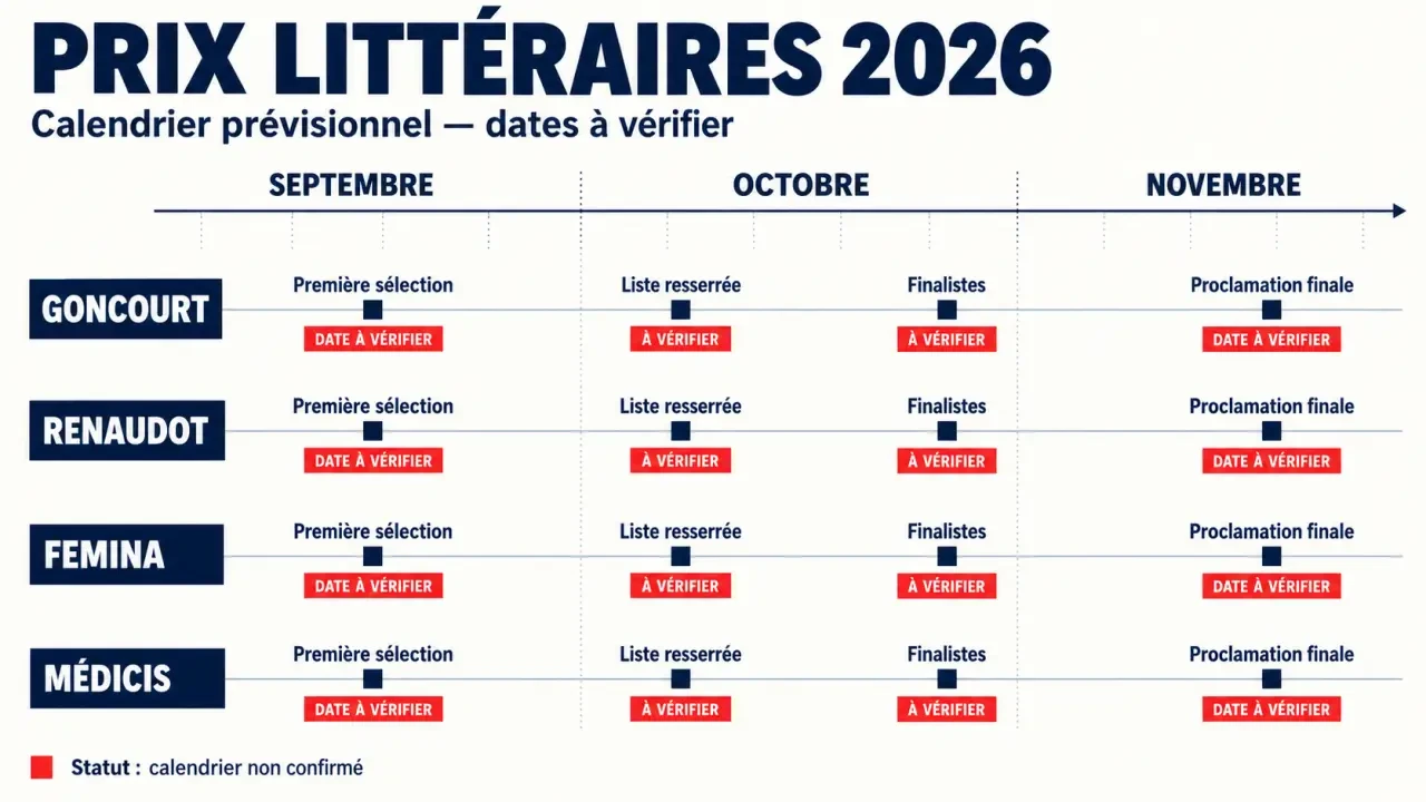 Infographie du calendrier des prix littéraires 2026, des sélections aux proclamations finales