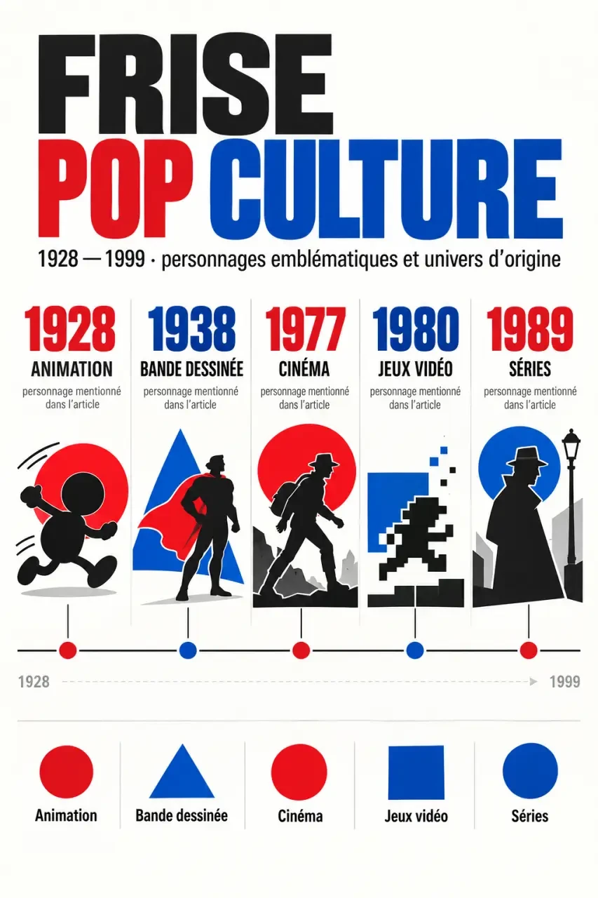 Infographie chronologique de personnages de pop culture issus du cinéma, de l’animation, de la bande dessinée et des jeux vidéo