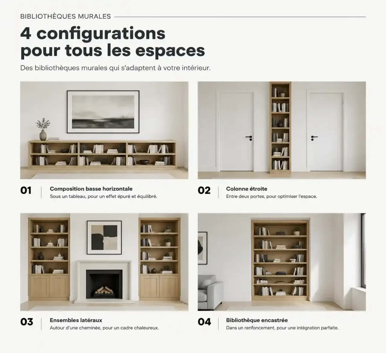 Idées de bibliothèque murale selon la forme du mur : grand mur, mur étroit, cheminée et renfoncement