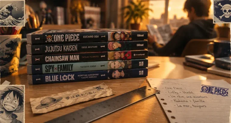 Manga connu : tomes sur bureau en bois