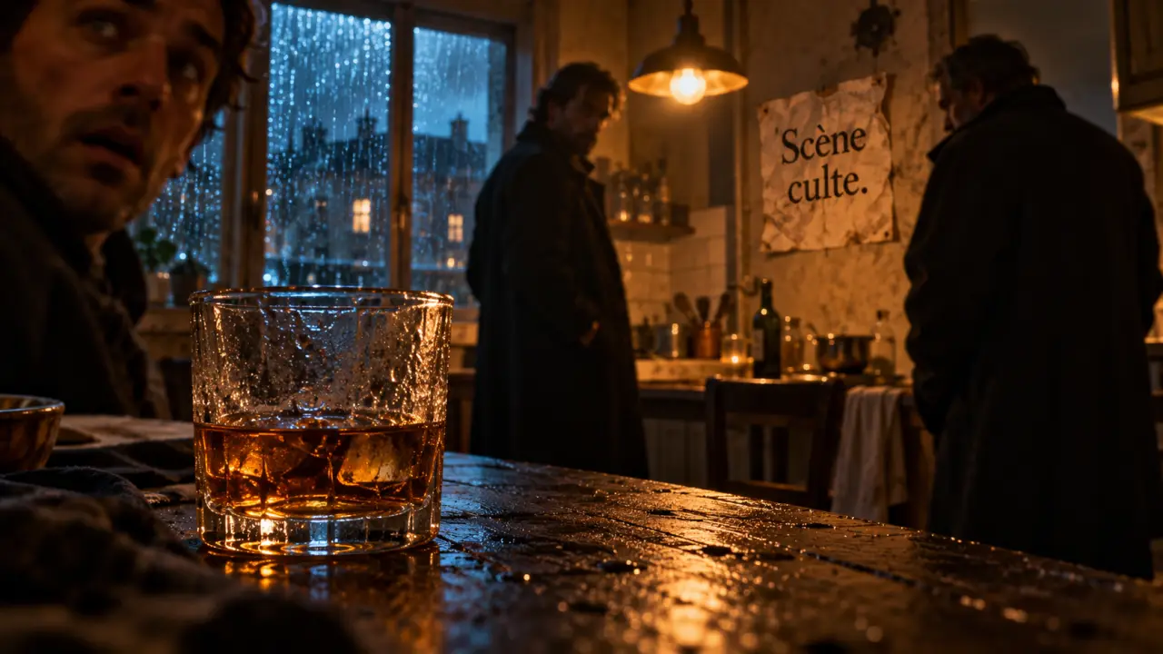 Scenes cultes de films : gros plan verre d’alcool, pluie et silhouettes